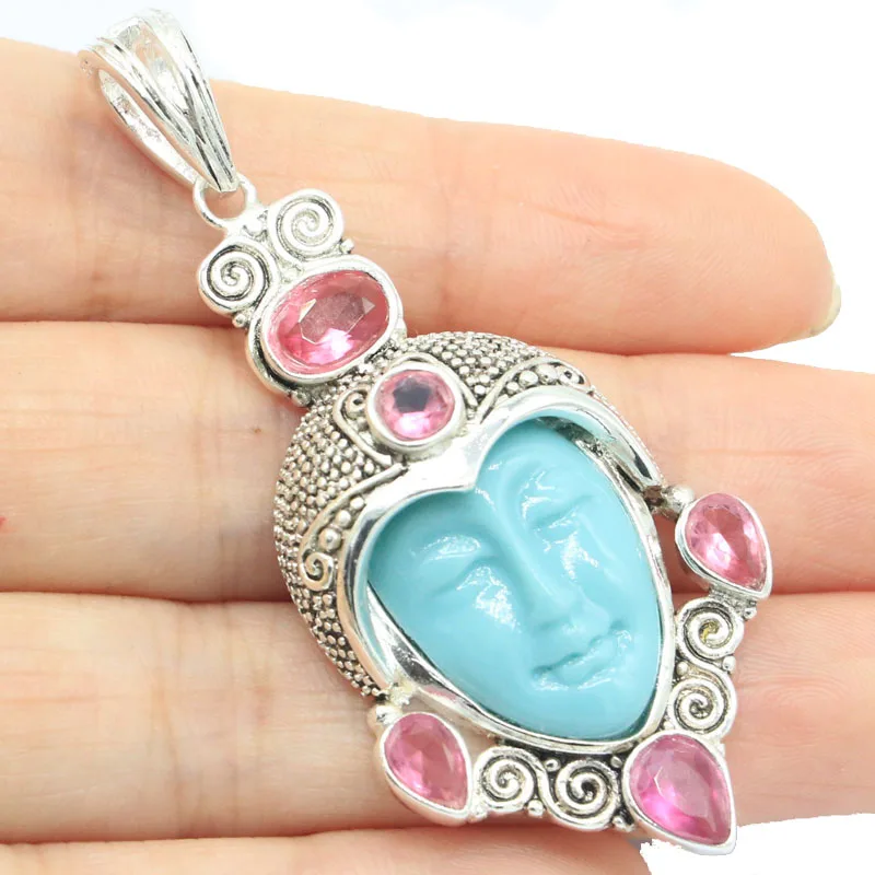 

61x27mm Awesome Long Big 13g Egypt Goddess Blue Turquoise Face Amethyst Tourmaline Silver Pendant