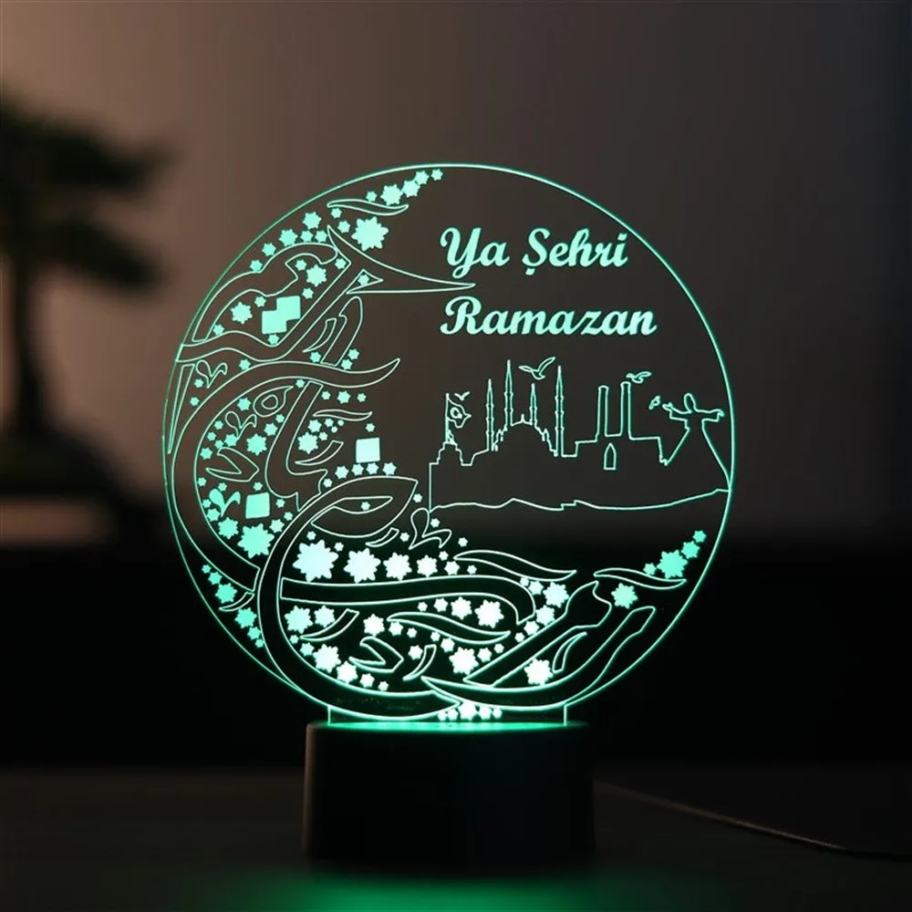 3D Illusion Ramadan Religious Acrylic Led Table Lamp 12 Volt Adapter Daylight Design Wood Base Birthday Special Day Gift Idea Room Decor Anime Wedding Stranger Things Led Lights Wedding Decoration Nightlights Bedroom