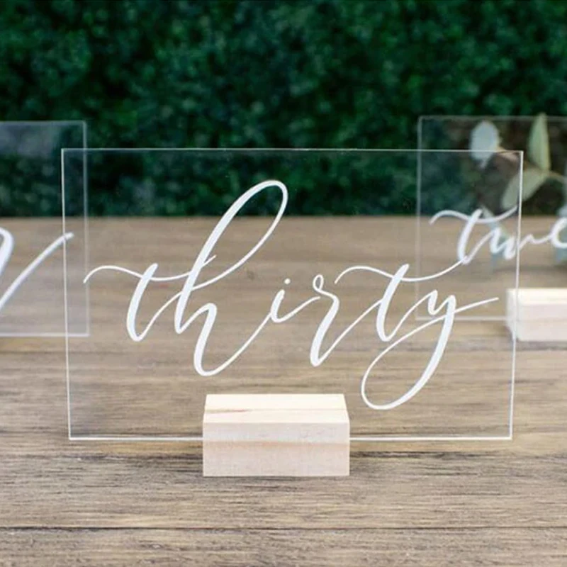 

5"x5.5"Custom Wedding Table Numbers Sign Clear Acrylic Table Number with Wood Stand Personalized Modern Wedding Party Decoration