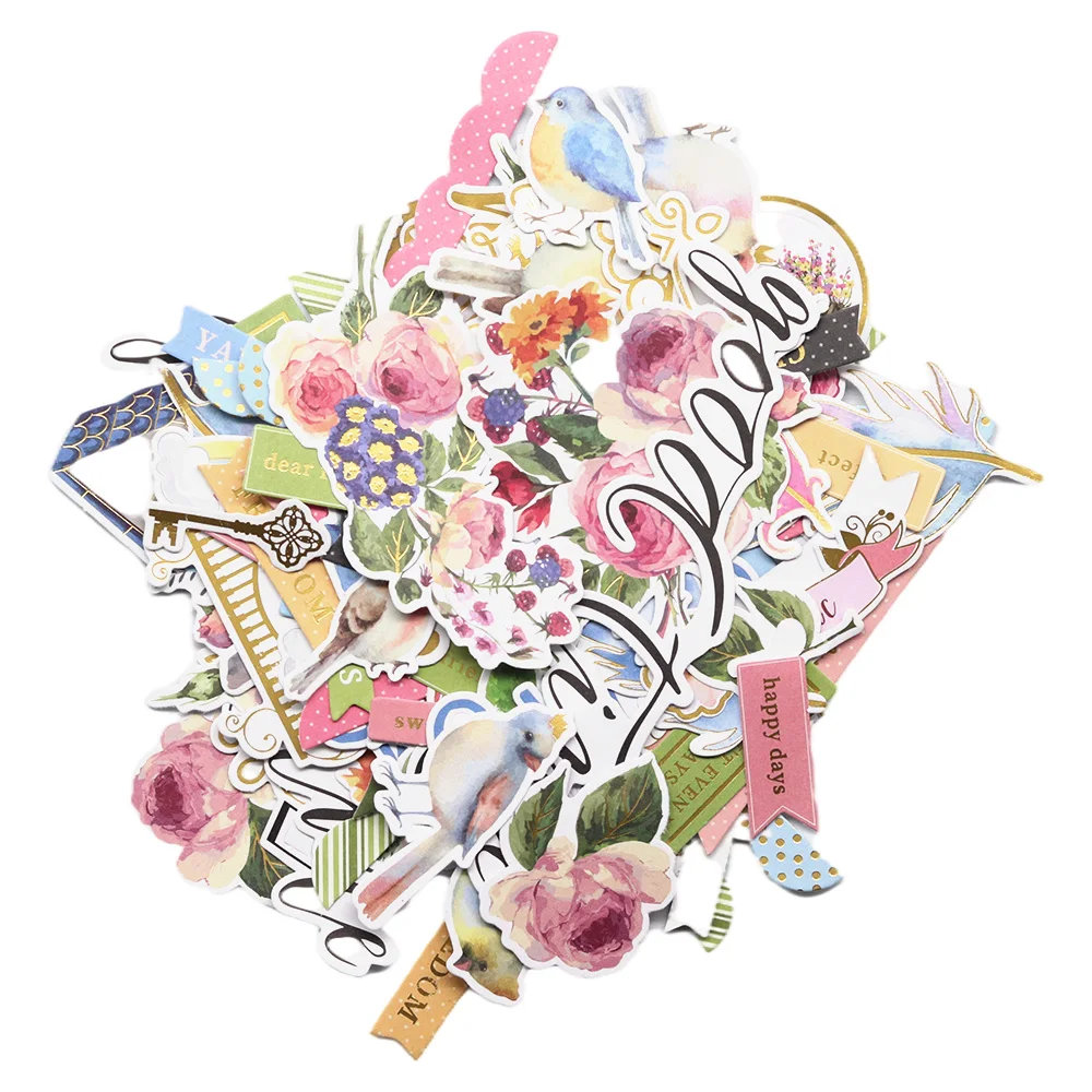 124 pcs/Pack Paper Die Cuts Hand Painting Colorful Flowers Feathers Birds Material Decoration Journal Households Scrapbook Paper