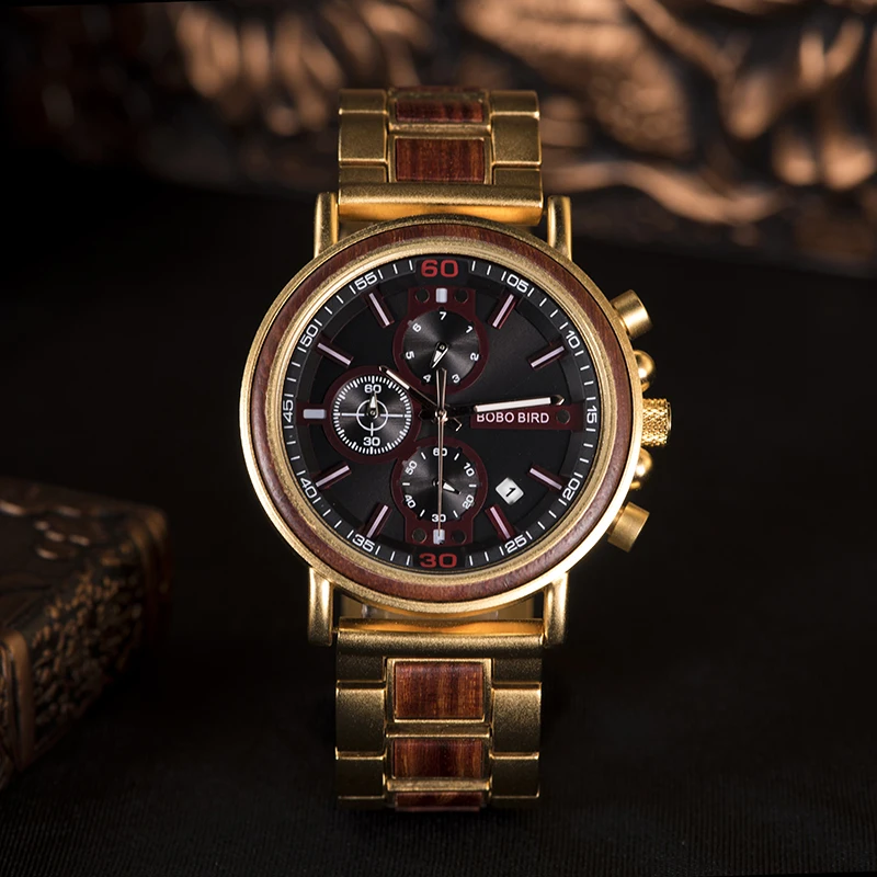 BOBO BIRD Men's Watches Male Wrist Watch Customize Chronograph Date Display Waterproof relogio masculino Wood Box Gift  For Men