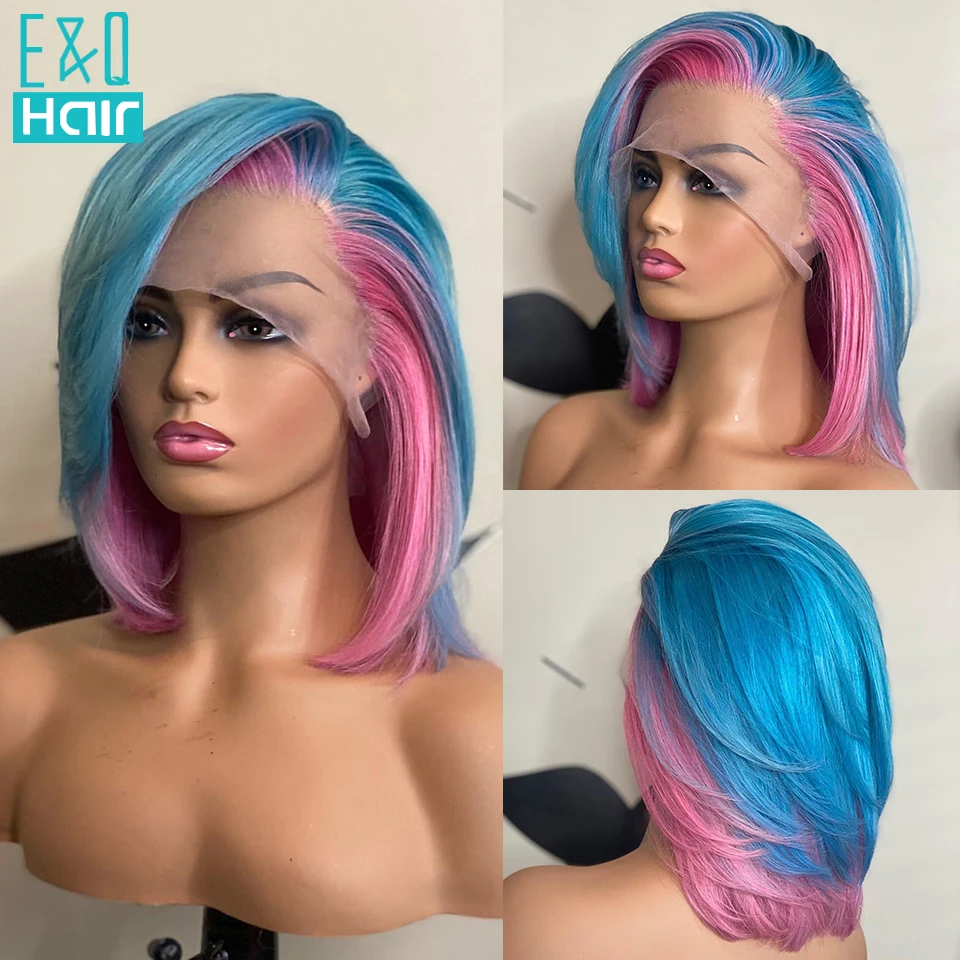 

613 Colored Pink Short Bob Wigs For Women Human Hair Lace Front Wigs Blue Straight Bob Wig Transparent Brazilian Hair 180%