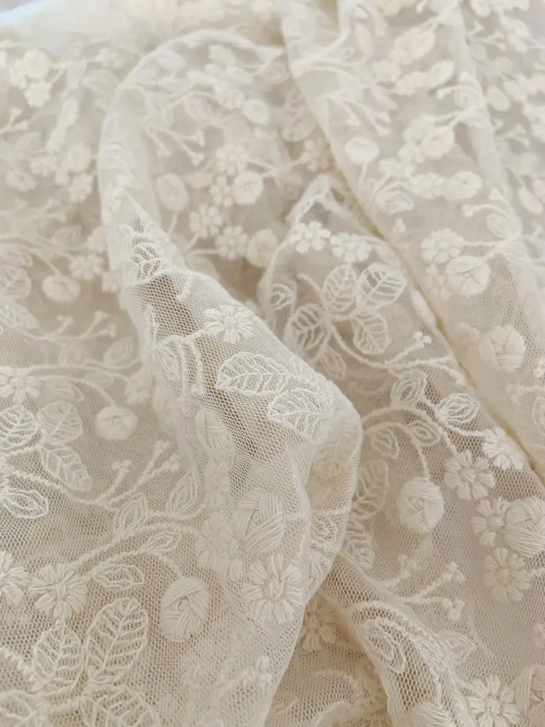 Ivory Embroidered Tulle Lace Fabric With Elegant Florals Beige Mesh Lace Fabric Retro Style Wedding Table Cloth