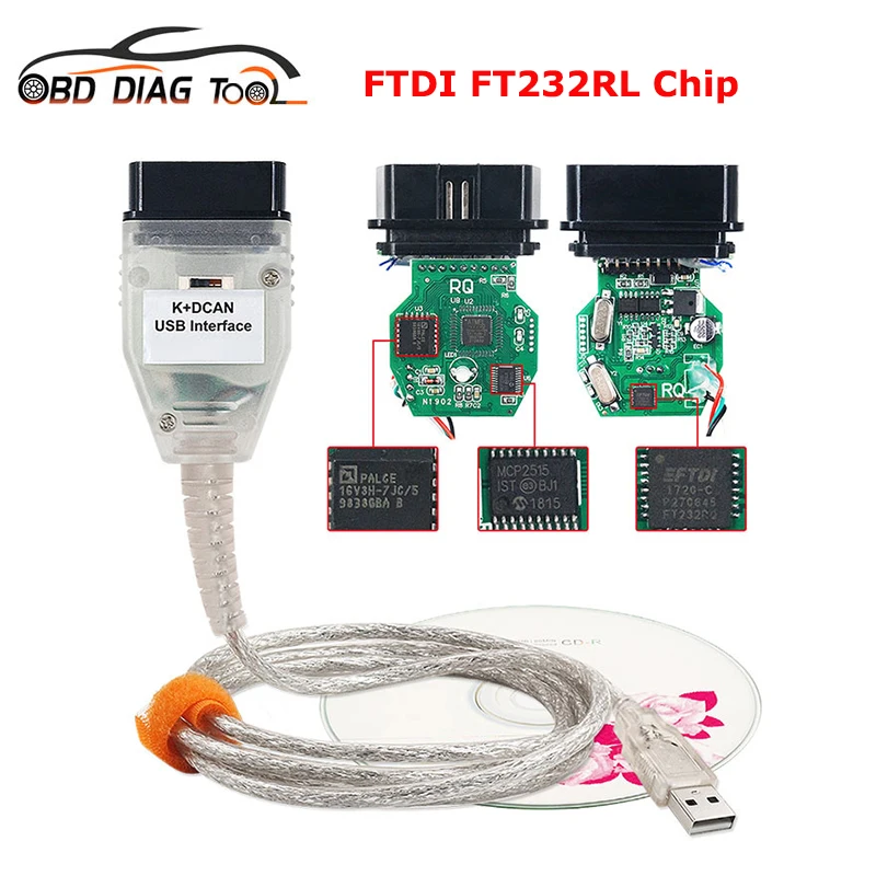 OBD2 Diagnostic Cable For BMW K+DCAN With Switch FTDI FT232RL Chip K+CAN  20pin to 16pin OBD Adapter For BMW Free Ship