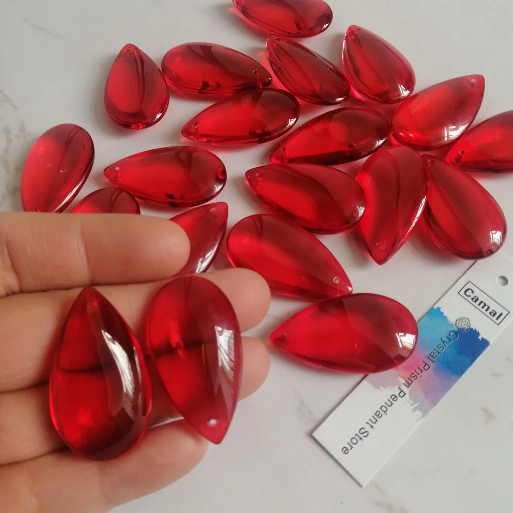 Camal 20pcs 37mm Red Crystal Smooth Teardrop Beads Prism Pendant Lamp Chandelier Hanging Ornament Wedding Jewelry Craft Decor