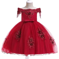 Red Flower Girls Party Dresses Christmas Costumes Off Shoulder Tulle Birthday Bridemaids Princess Dresses Girl Wedding Prom Gown