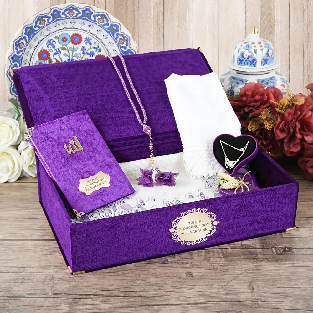 Mother\'s Special Velvet Box Purple, Prayer Rug, Velvet Yasin Necklace, Shawl, Rosary Gift Set FREE SHİPPİNG
