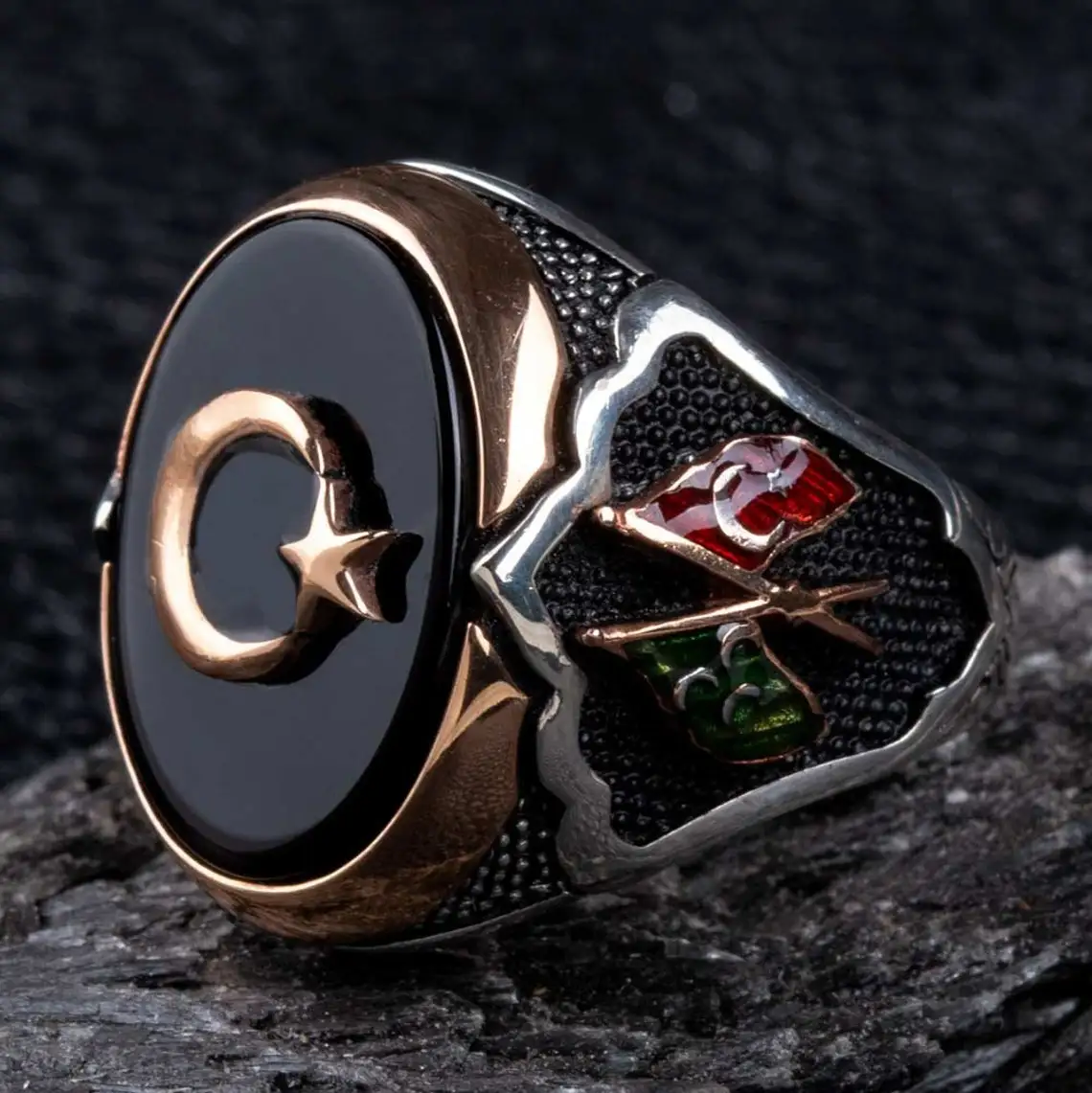 

Elegant Design 925 Sterling Silver Oval Black Onyx Stone Crescent and Star Men's Ring Ottoman Jewelery Gift Him Accessory