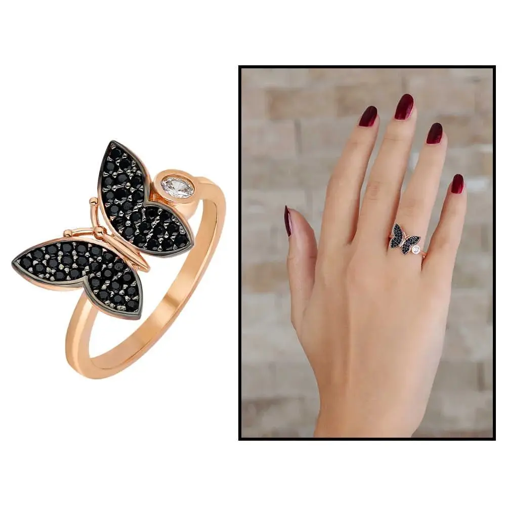 

WOMEN Black Zircon Stone Butterfly Design 925 Sterling Silver Ladies Ring Special Design Gift Made in Turkey Handmade