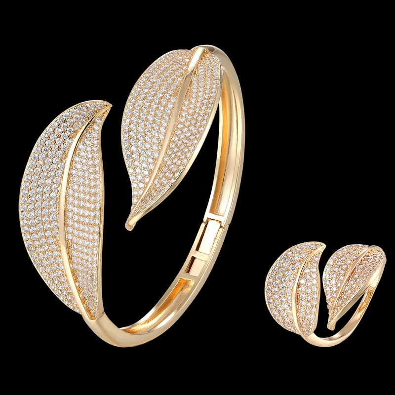 

Zlxgirl jewlery Perfect two leafs copper wedding brangle with ring bridal jewelry sets fashion women size zirconia bangle bijoux