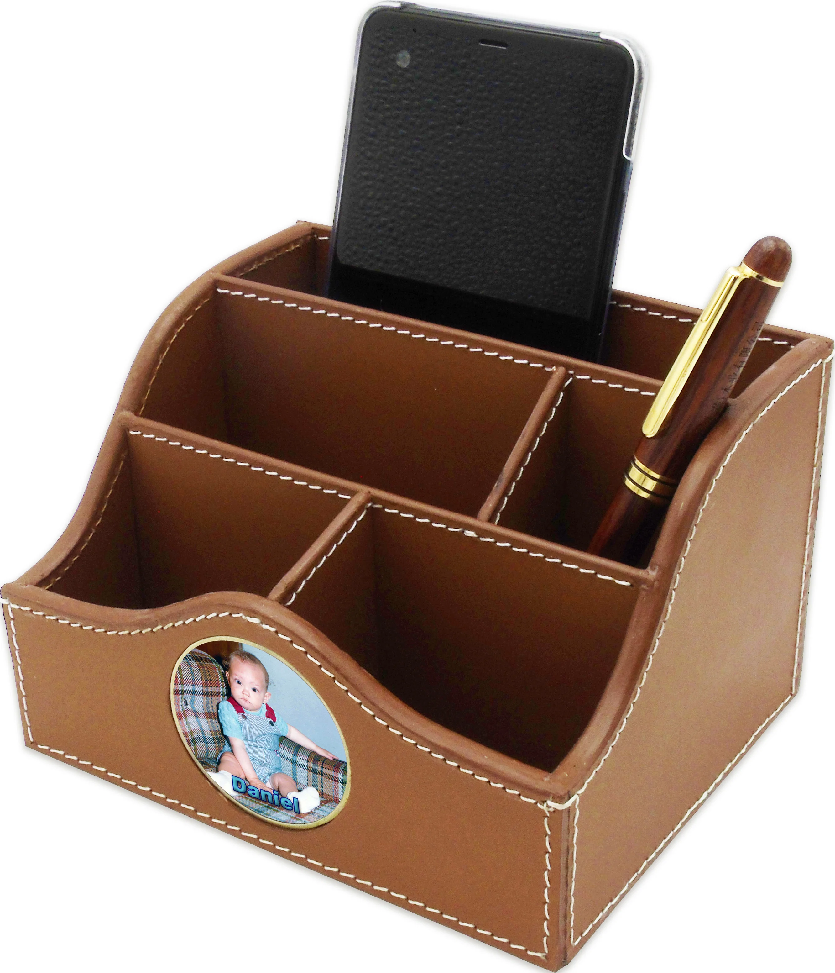 Leather organizer for desktop-Metal medallion to choose-black Color-customization locket included.