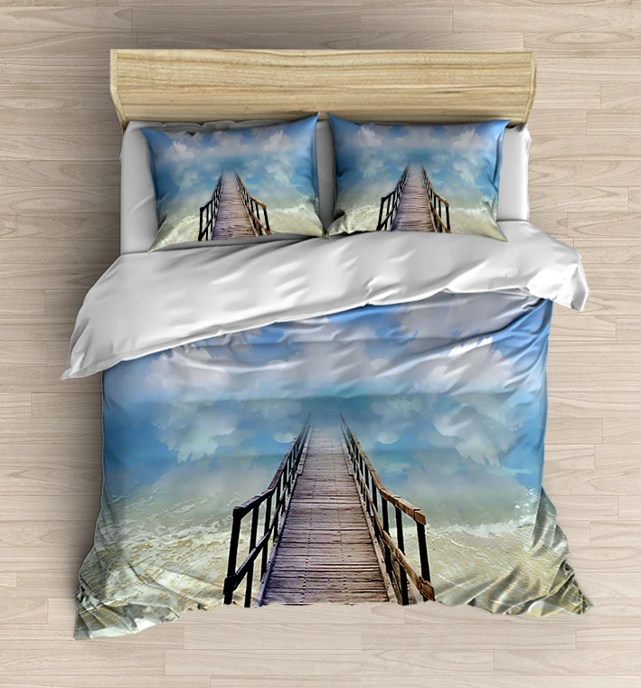 

Else 4 Piece Blue White Sky on Wood Bridge 3D Print Cotton Satin Double Duvet Cover Bedding Set Pillow Case Bed Sheet