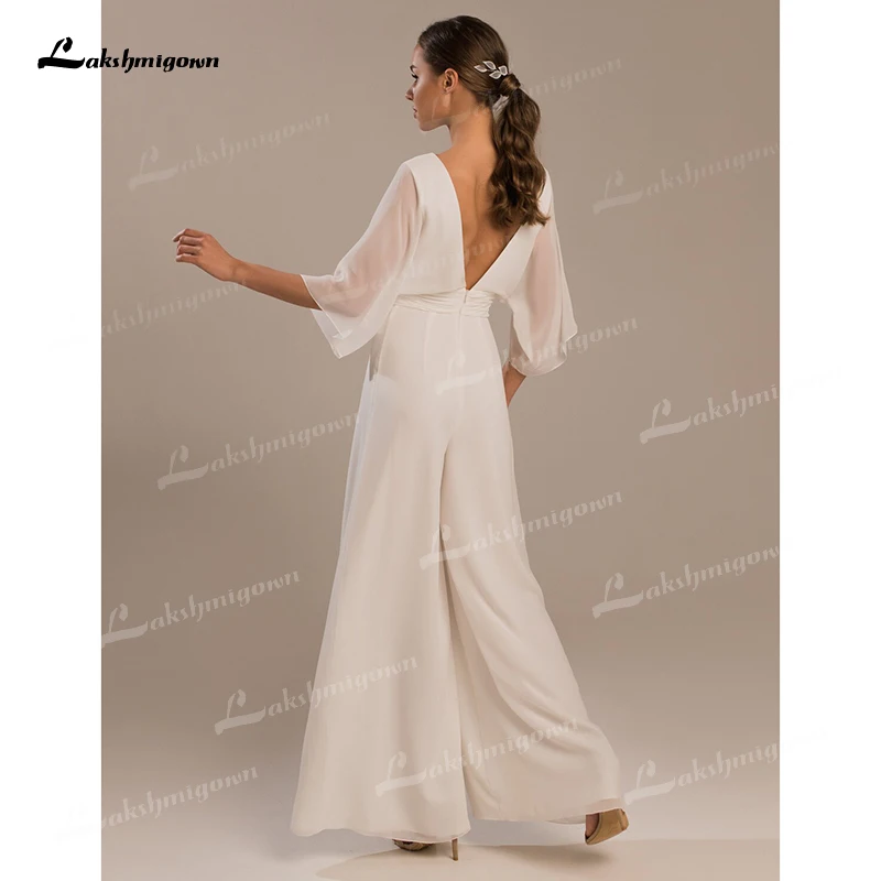 Cổ Chữ V Đơn Giản Nửa Tay Cánh Dơi Cưới Jumpsuit 2022 Voan Áo Dài Cô Dâu Hở Lưng Cổ Chân-Chiều Dài Tất Áo Dây De mariée