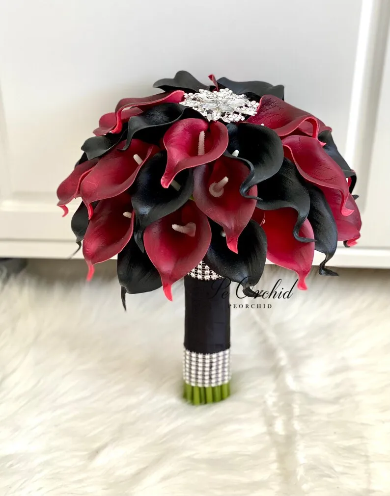 PEORCHID Black Red Brooch Crystal Bouquet Bridal Calla Lily Rhinestone Wedding Flower For Bridesmaids Bouquet Rose Artificielle