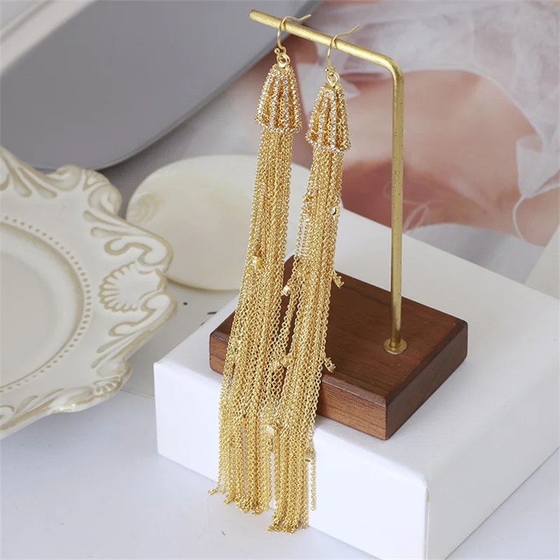 

European And American Jewelry Wholesale Fashion Personality Chain Tassel Inlaid Zircon Long Female Earrings