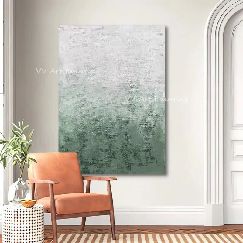 Modern Handmade Oil Painting, Thick Knife Textured Green Gradient Abstract Art, Vertical Wall Decor For Entryway