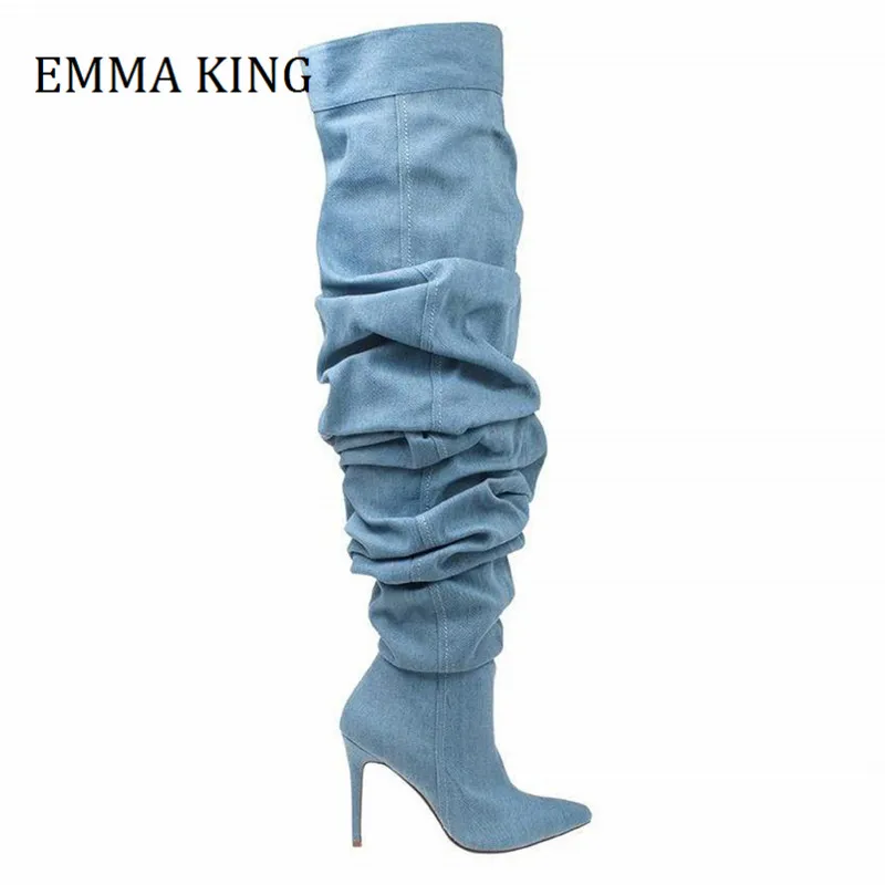 Buty zimowe damskie zakolanówki niebieskie Denim Slouchy na buty do kolan boczny zamek błyskawiczny szpiczasty nosek wysokie obcasy buty damskie 2021