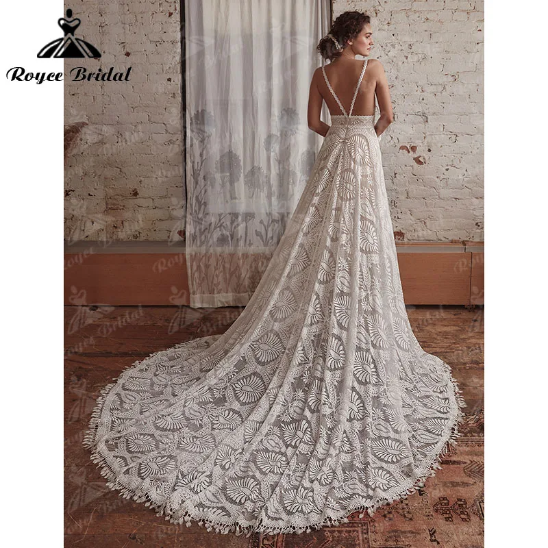 Sexy Bohemian Boho Wedding Dress with Detachable Long Sleeve A Line V Neck Lace Backless Spaghetti Straps Bridal Gown Customized