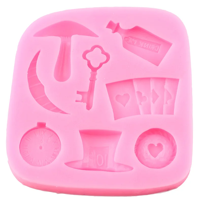 Alice Wonderland Silicone Mold Poker Magic Clock Key Fondant Molds Cake Decorating Tools Candy Clay Chocolate Gumpaste Moulds