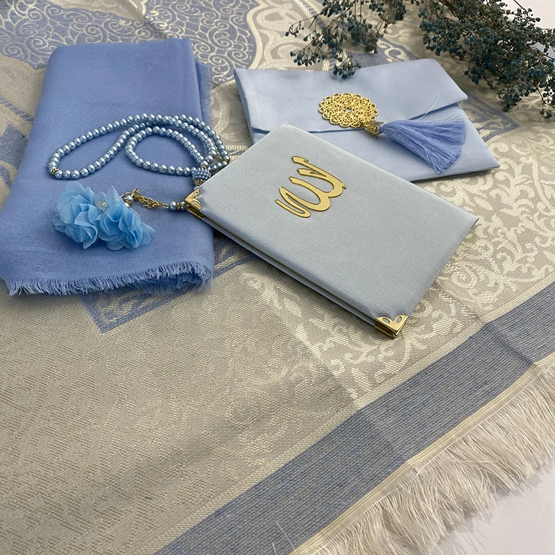 Islamic Blue Velvet Yaseen Tasbeeh Gift Set Arabic Quran Favors Ameen Wedding Gifts Tasbeeh Prayer Mat Shawl Eid Ramadan Mubarak