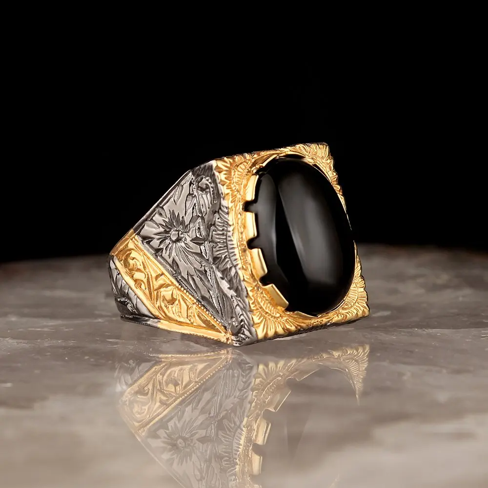 Pen İşçilikli Lapping Coated Handwork Onyx Gemstone 925 Sterling Silver Men 'S Ring