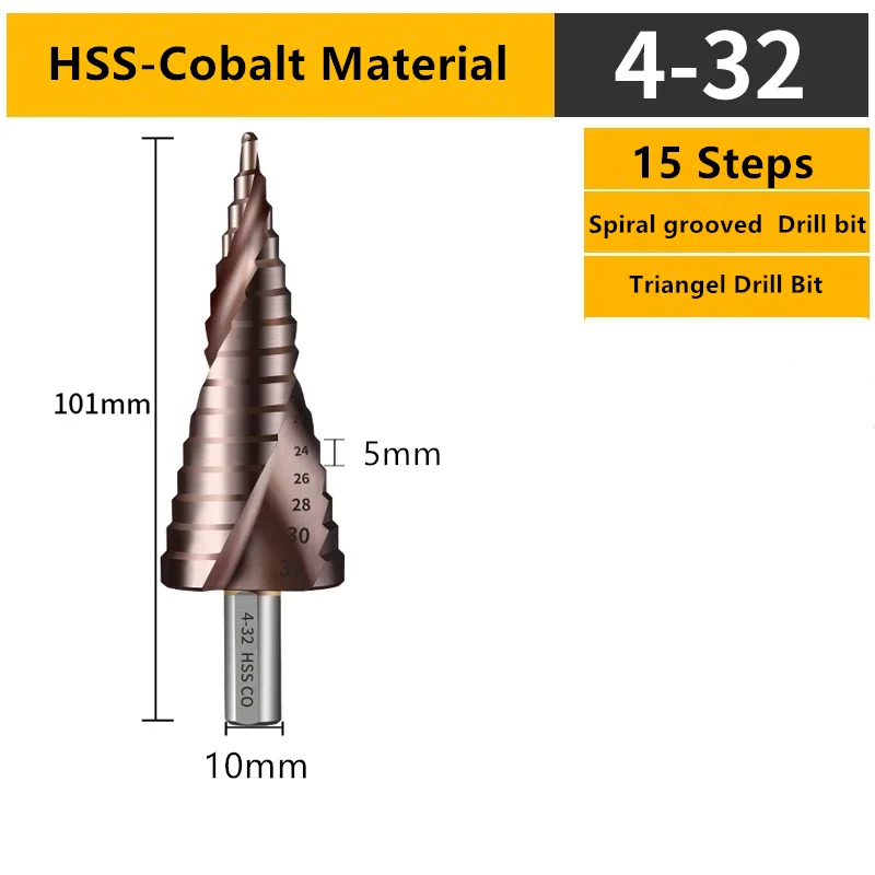 New Twist Groove Cobalt Metal Step Cone Drill Bit  M35 Step Drill 4-12/4-20/4-32mm Spiral Groove Triangle Shank Saw Cutter