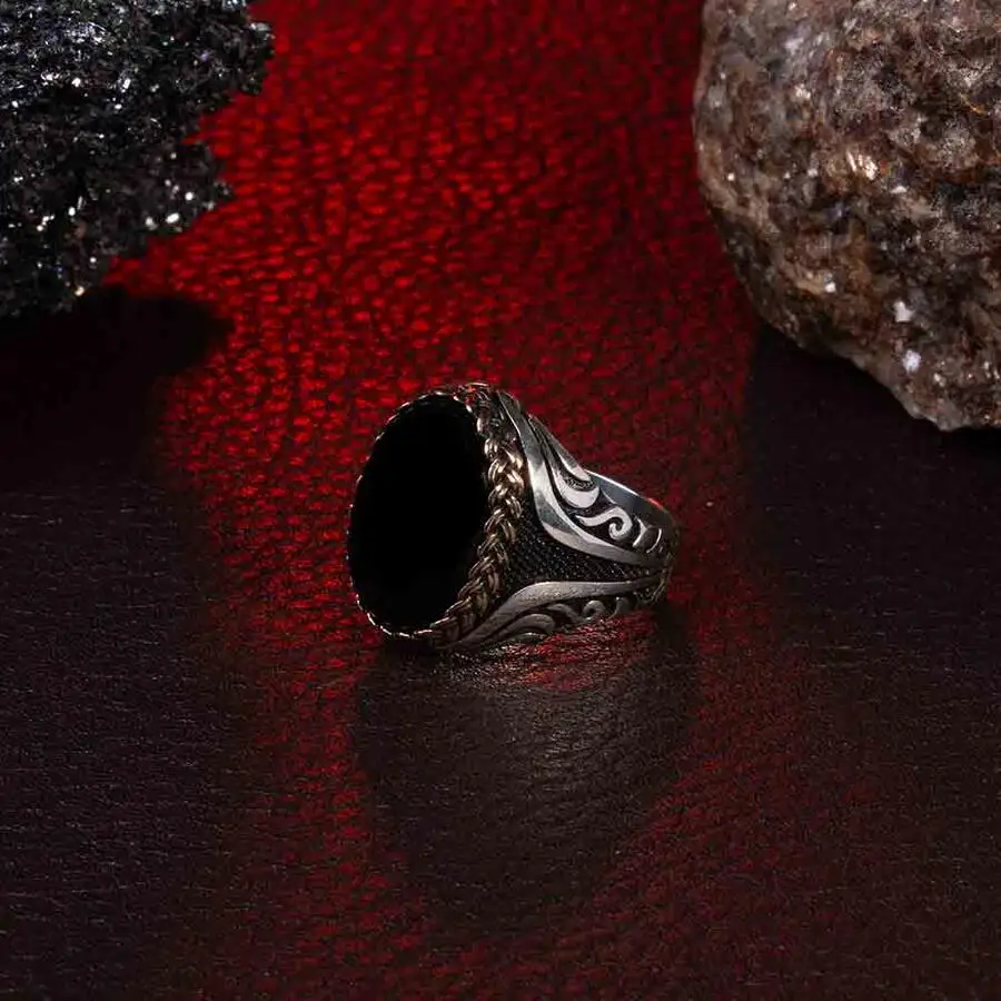 

Knitting Pattern Men Black Onyx Gemstone Silver Ring Vintage Men Accessories Top Quality Fashionable 925K Silver