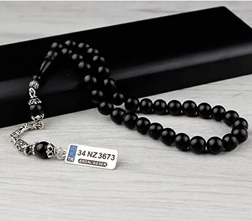 

Islamic Tesbih Oval Natural Oltu Stone Tasbeeh Prayer Beads Tasbeh 925 Sterling Silver Tassel with Name and Licence Plate