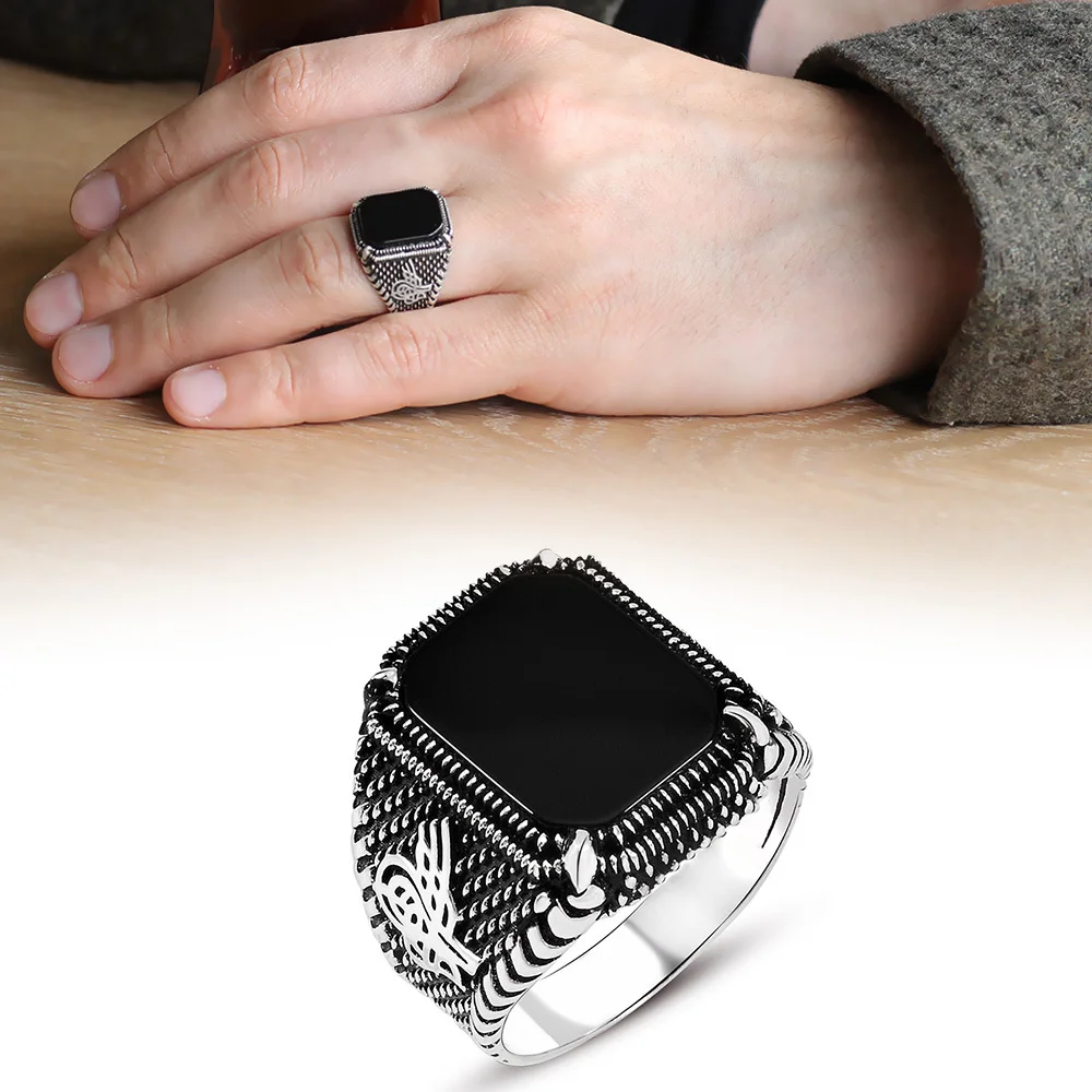 

925 Sterling Silver Ring for Men Onyx Stone, Jewelry Fashion Vintage Gift Onyx Aqeq Mens Rings All Size