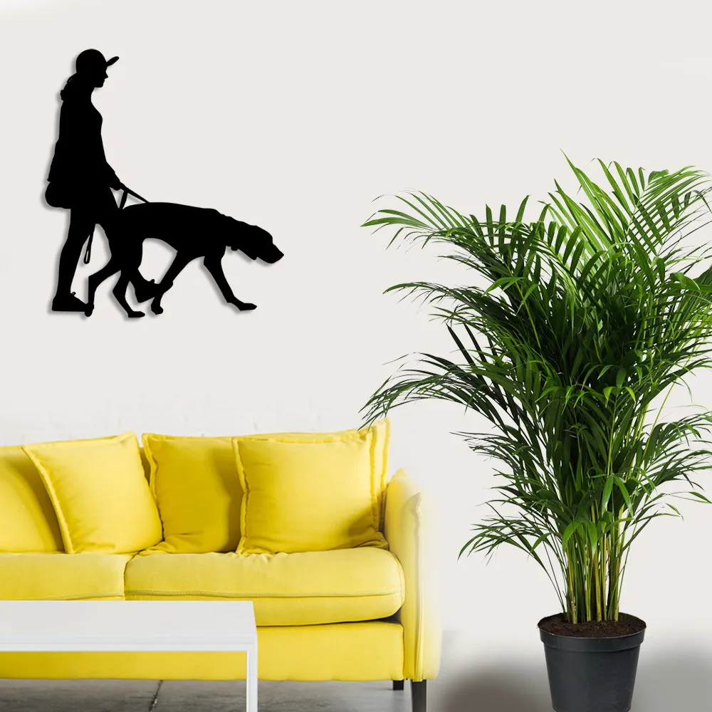 Woman Walking on the Street with her Dog Wall Room Home Accessory Wooden Table 44x50cm