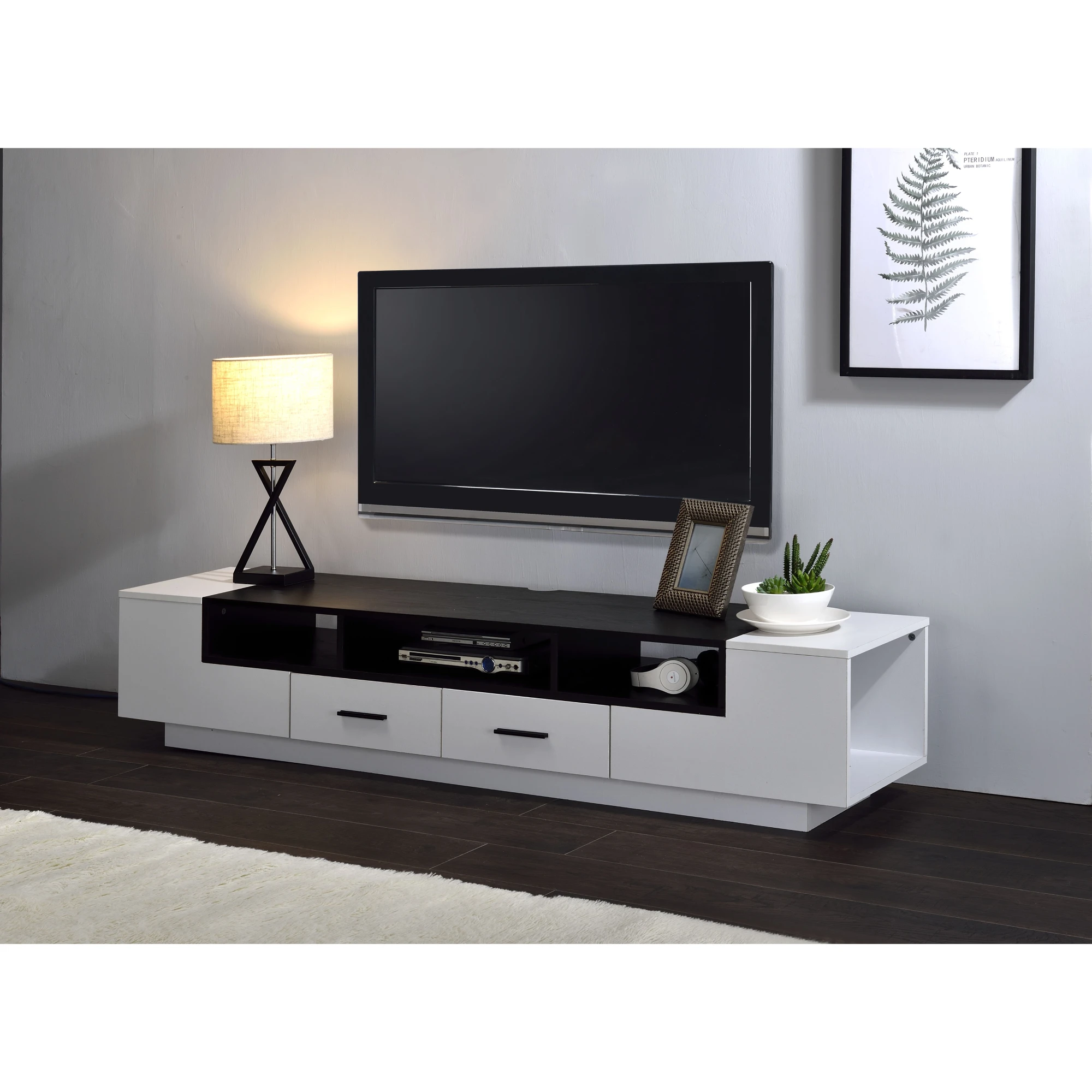 70 Inch Armour TV Stand White&Black TV Cabinet With Open Shelf[US-W]