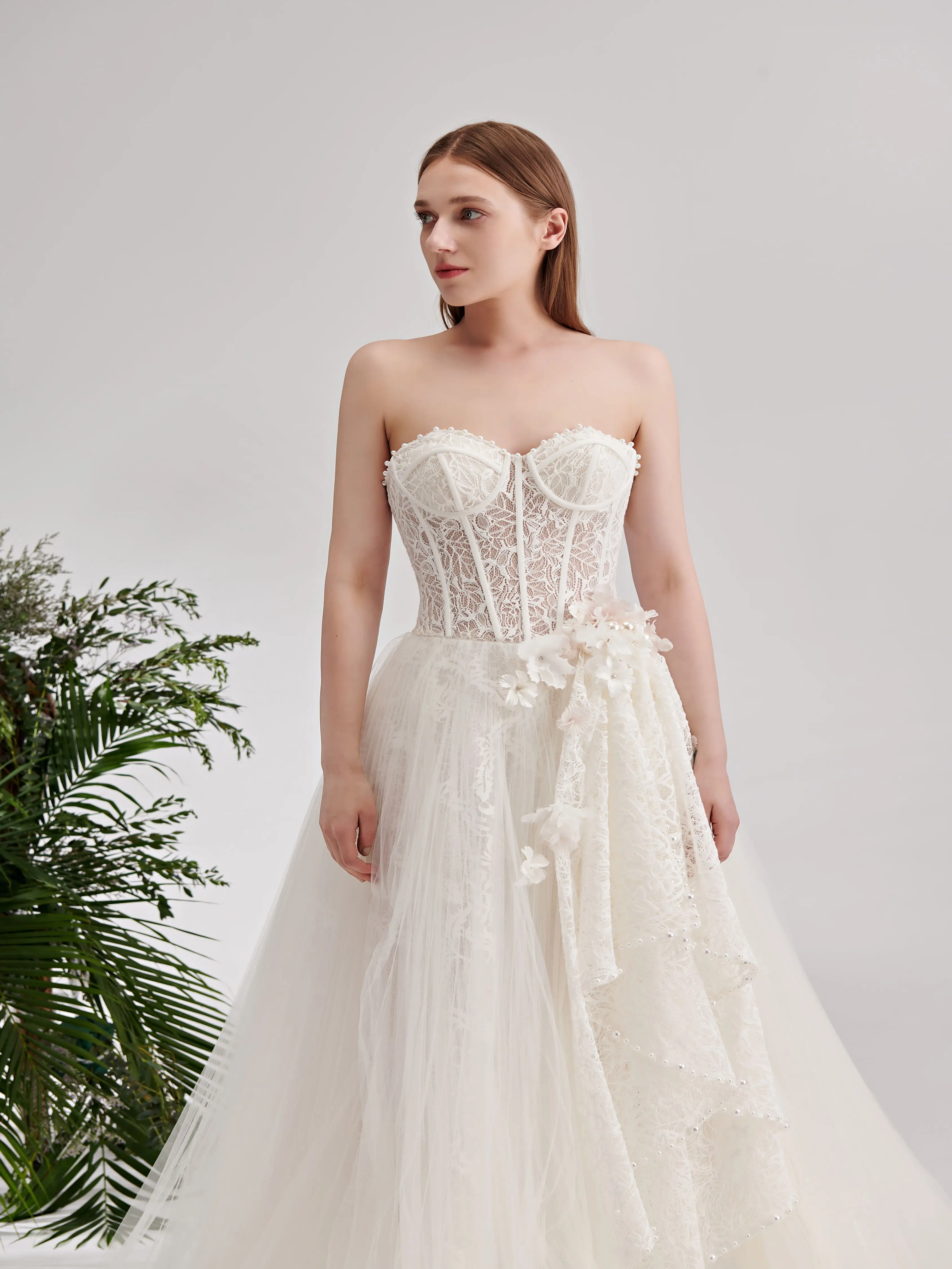 Fairy Strapless 3D Flowers Beautiful Lace Aline Wedding Dress Bridal Gown