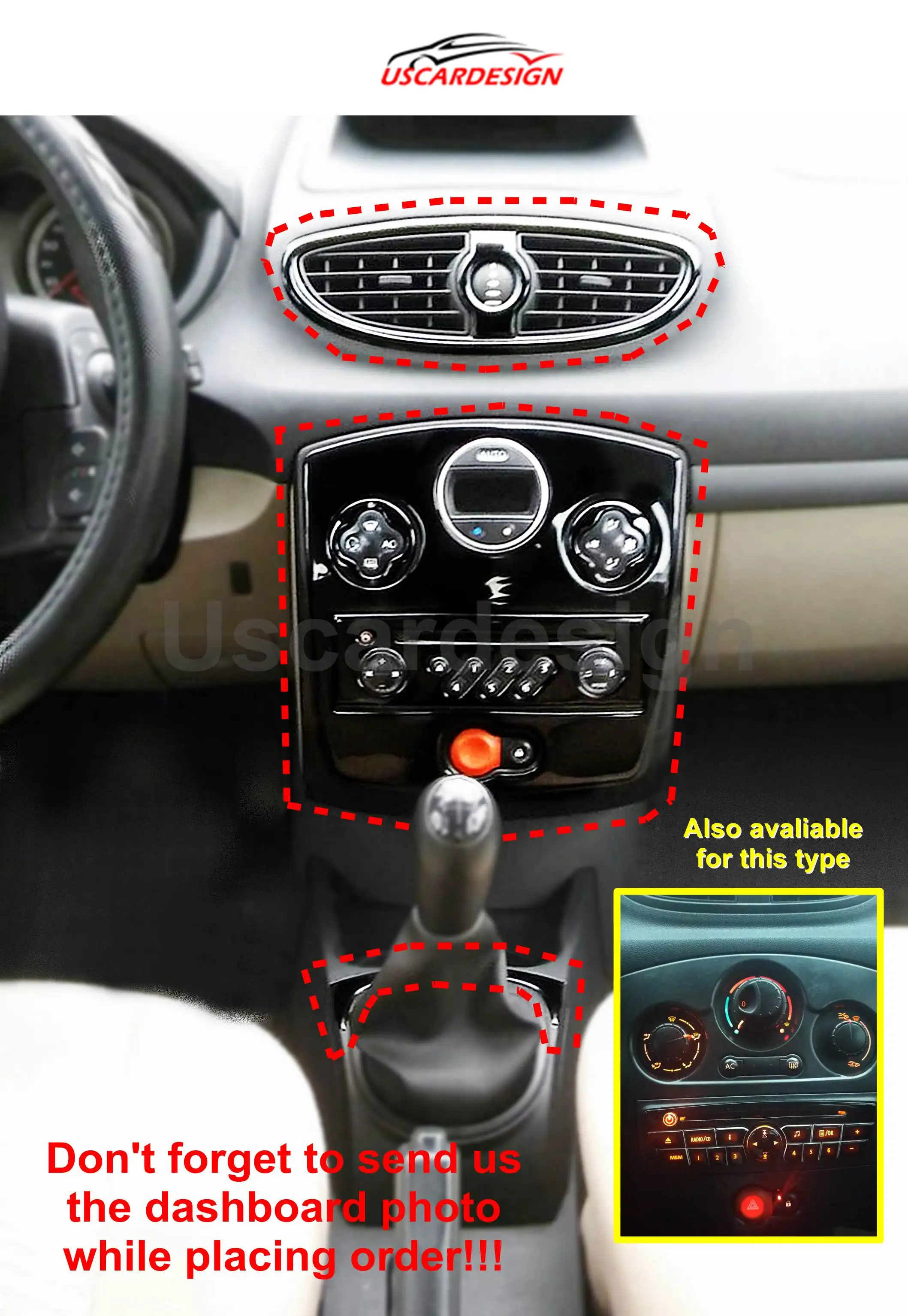 Car Decoration Set For Renault Clio 3 (2005-2013)  Center Dashboard Decor Frame Set, Trim Accessorie, Piano Black, Carbon Fiber