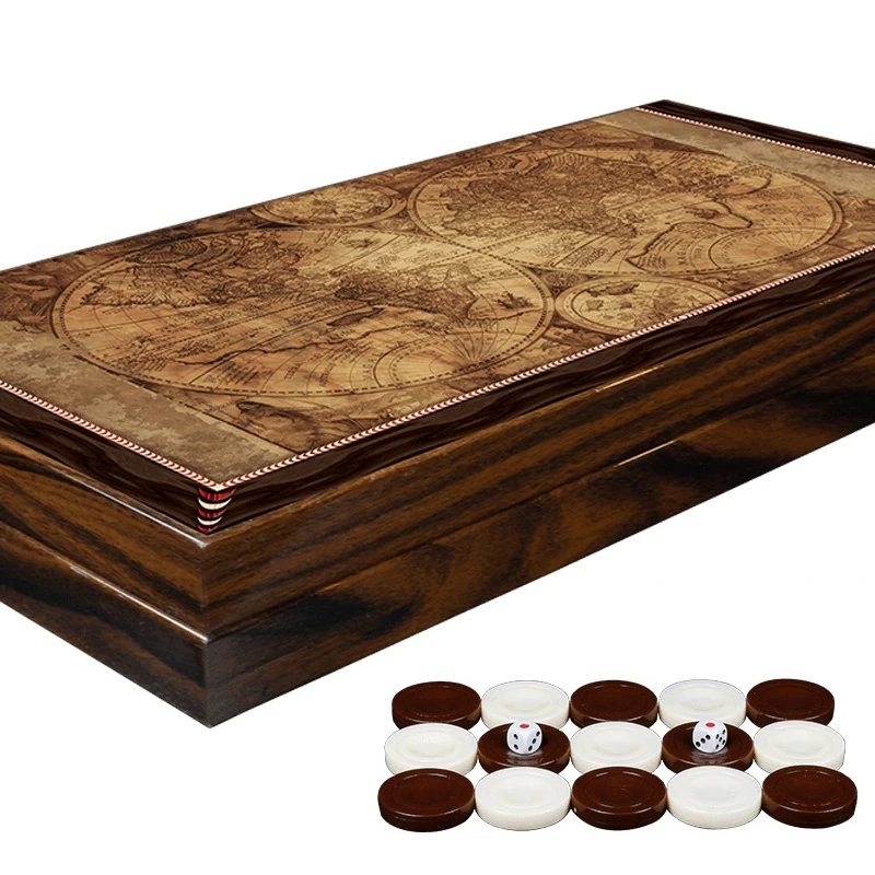 

Luxury Wooden Backgammon Board Game Set Ancient World Map With Chips And Dice Quality Pieces Adult Gift-CheckersTiles Deck Box