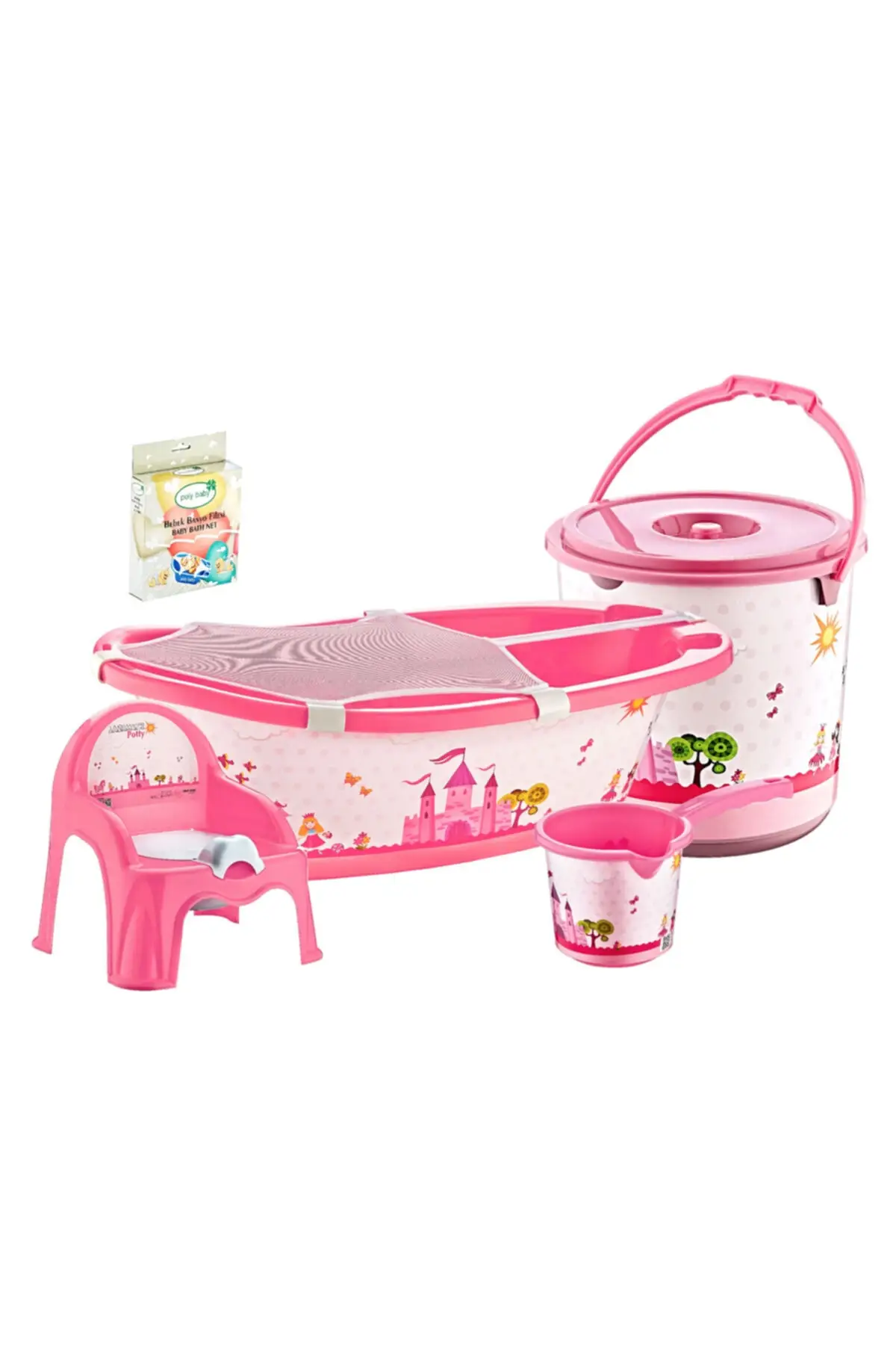 Pink 5 Piece Baby Bath Set Contents Tub, Bucket with Lid, Mashrapa, Potty and Tub Mesh Full Set