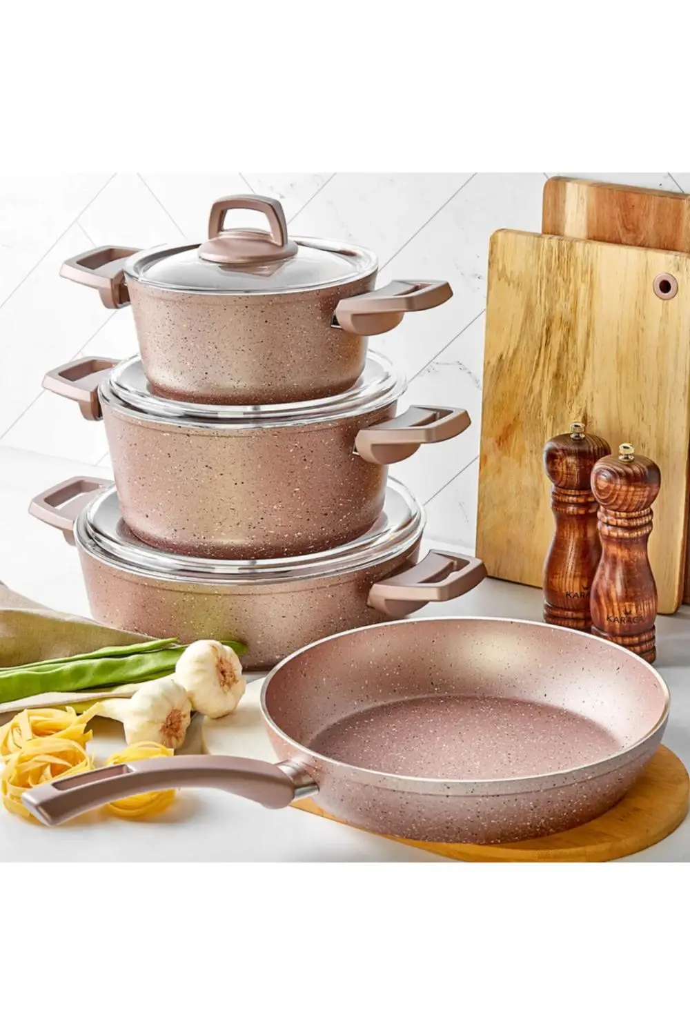 Biogranit Rose Granite 7 Piece Cookware Set Rose Color Kitchen Utensils Useful Non-Stick Pan Cookware New Fast Shipping