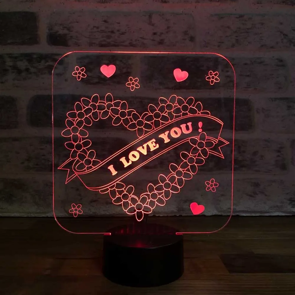 3D Illusion Valentine Gift Led Night Lamp Hearts and Love 12 Volt Adapter Wood Base 7 Diffrent Color Black Special Day Birthday Room Decor Anime Wedding Stranger Things Led Lights Wedding Decoration Nightlights Bedroom