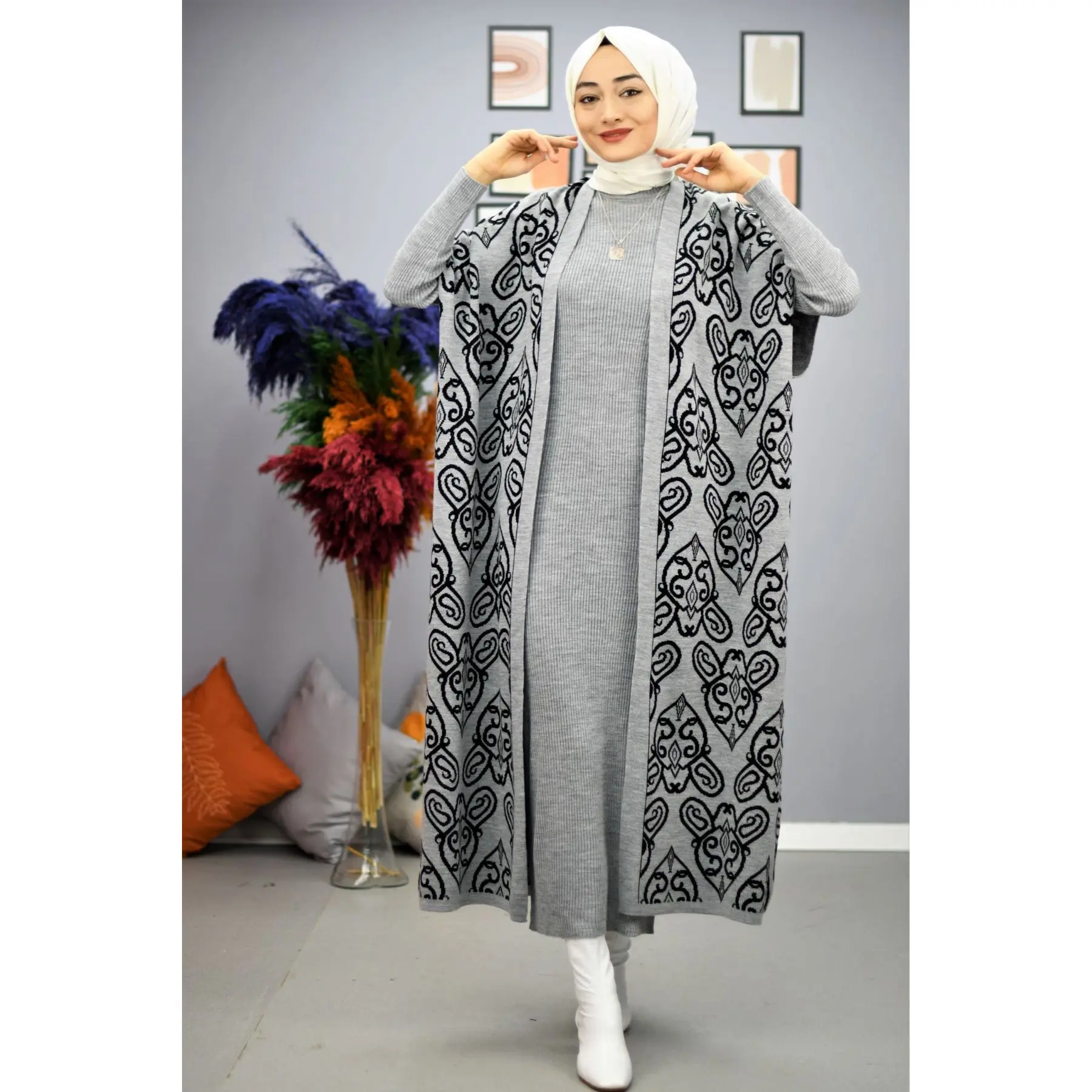 2 Piece Women\'s Knitted Set Maxi Turtleneck Embroidery Pattern Dress and Maxi Patterned Cardigan Knitwear Muslim Fashion Turkey