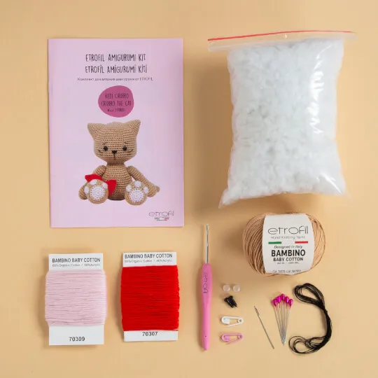 Amigurumi Kit CAT CHURRO Etrofil Yarn Stuffed Doll Making Crochet Knitting Animal Craft Projects Materials Russian Instructions