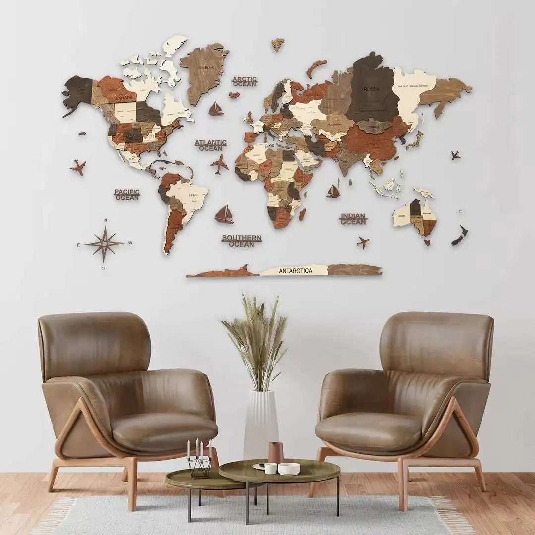 New World Atlas Decoration Globe Wood Wallsticker for DIY Kids Wall Decor 3D for Children Bedroom Dorm Decor with Flag Push Pins