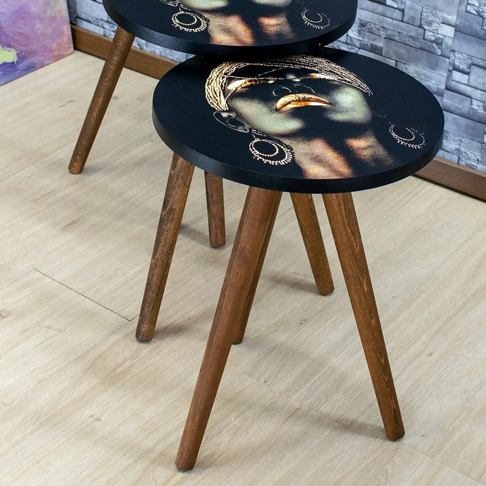 Nesting Table 3 Pieces Metal or Wood Leg Side Table Tea Coffee Service Table Round Living Room Commode, Woman Figured Table