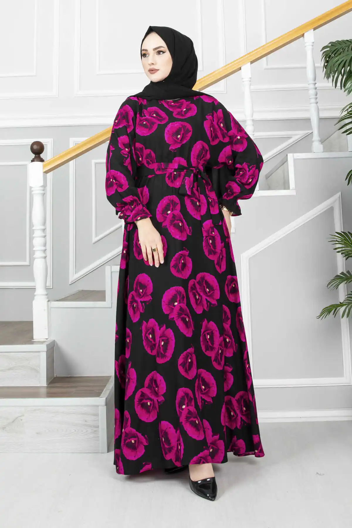 Women Bud Patterned Hijab Dress Ramadan Muslim Dubai Abaya Turkey Hijab 2022 Autumn Long Sleeve Buttons Down Islamic Clothing