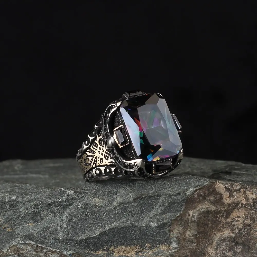 Men's Bright Blue Baguette Mystic Topaz Stone 925 Sterling Vintage Silver Ring Türkiye'de Made Gift Ring Real Natural Free Shipping