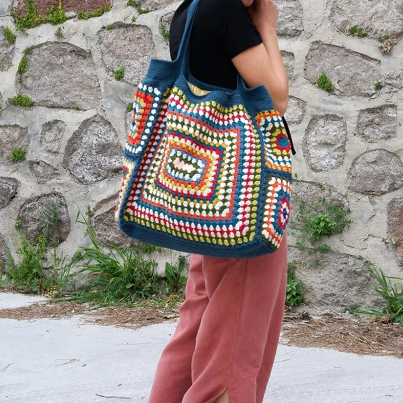 Handmade Granny Square White Navy Shoulder Bag Colorful Crochet Cute Purse Vintage Hippie Knitting Handbags For Summer Beach