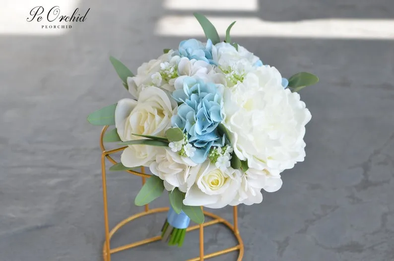 PEORCHID-ramos de novia azul claro para playa, flores de seda rústicas, hortensias artificiales, rosas blancas de marfil, ramo de boda de peonía