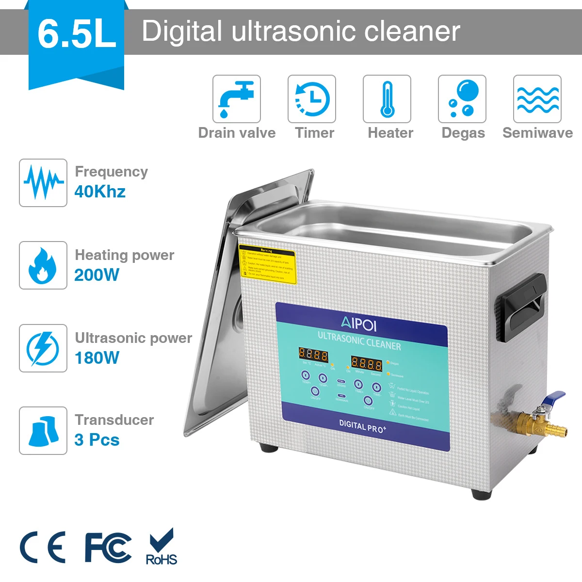 Ultrasonic cleaner AIPOI Ultrasonic cleaning device 6.5L for car and motorcycle repair workshops Aviation maintenance Electronic