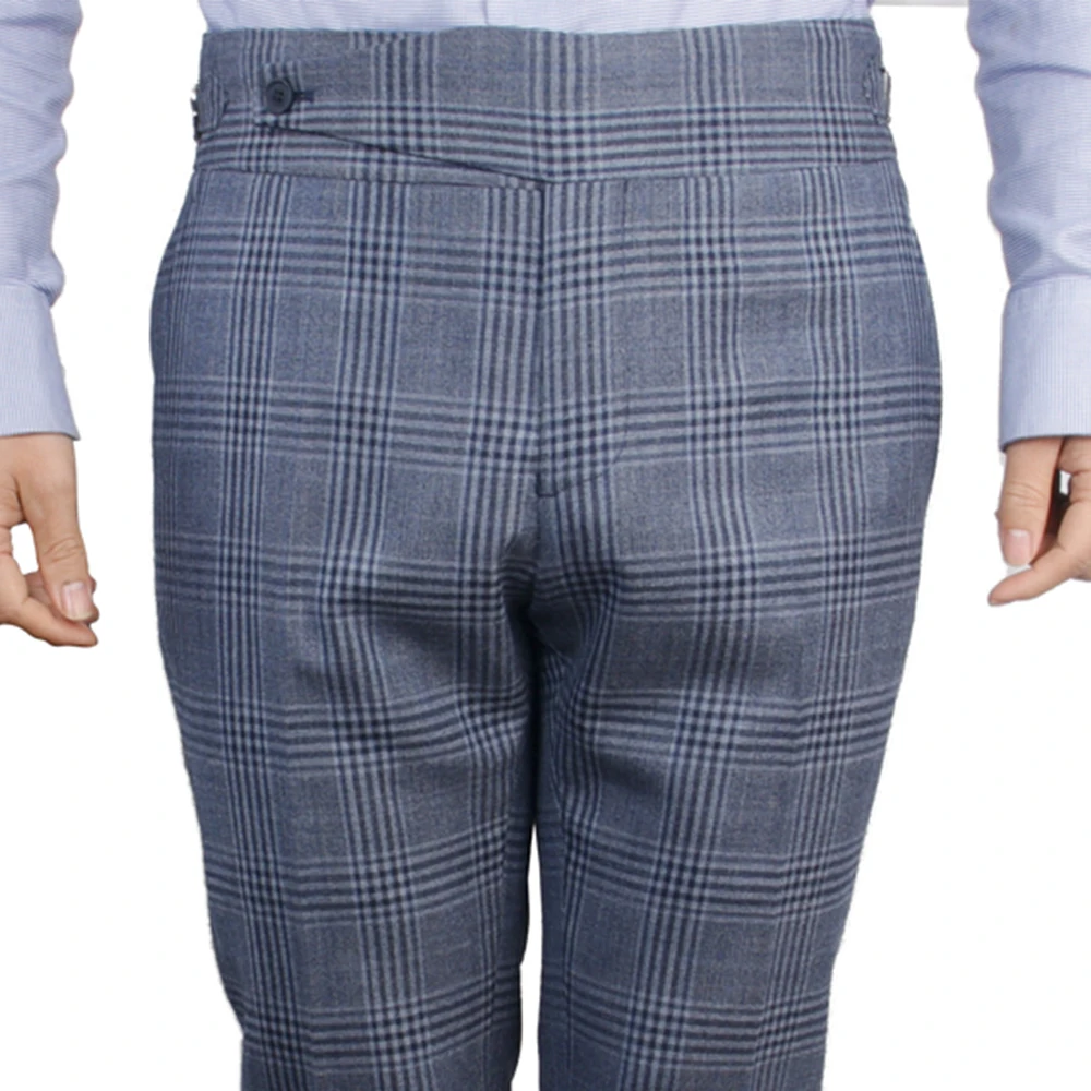 Italian Naples Style Tailor Made Trousers Large Extended Tab Fastening Belt Thick Waistband Side Adjuster Blue Grey Plaid Tailor