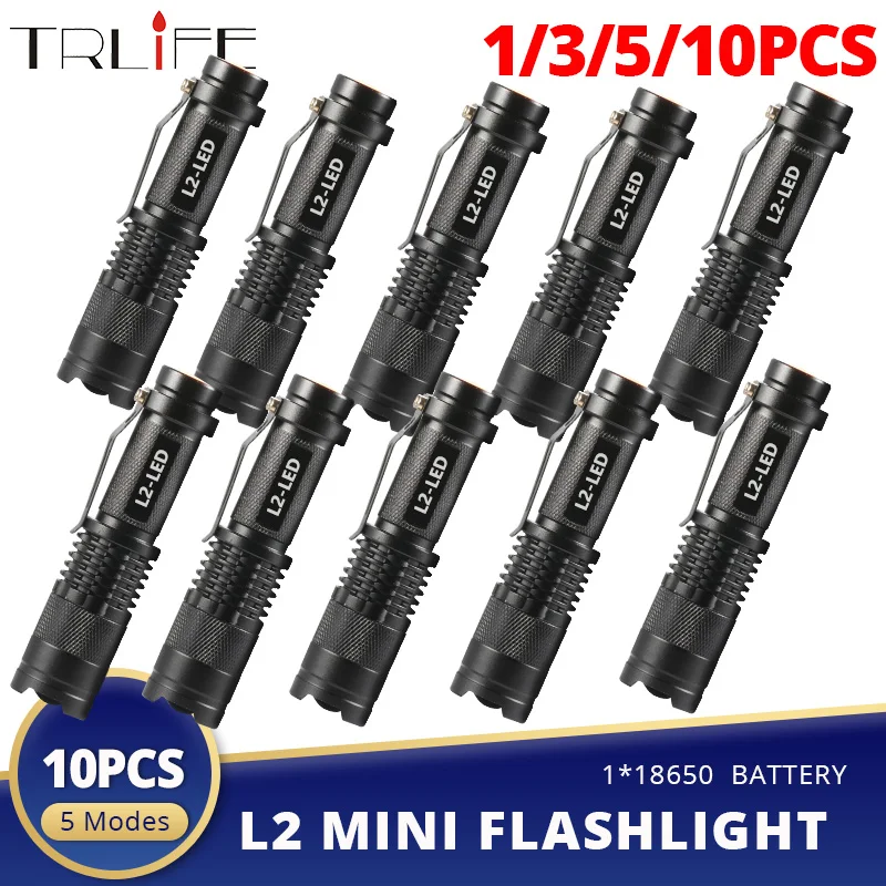 1/3/5/10PCS L2 LED Flashlight 8000LM EDC Mini Torch Adjustable Focus Zoom Flash Light Lamp Portable 18650 Battery Flashlights