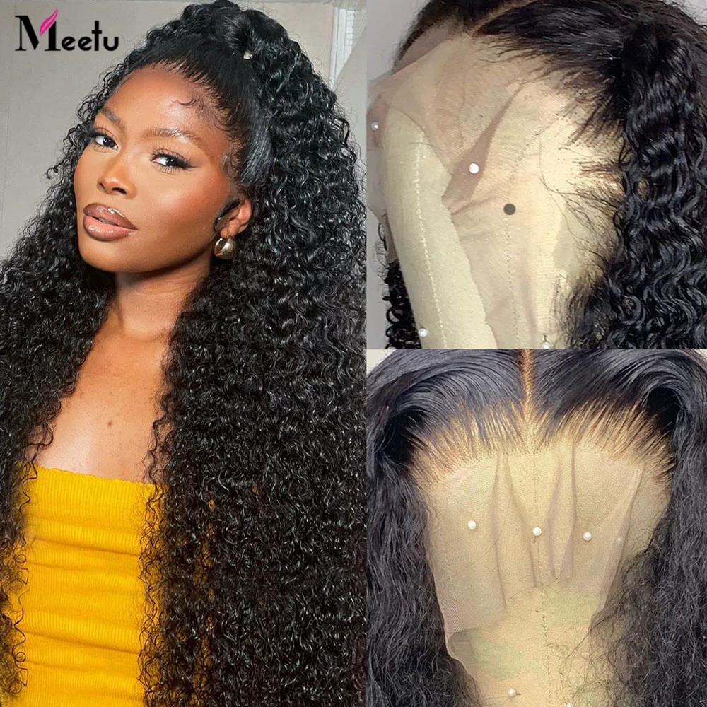 Meetu 250 Density Curly Lace Front Wig 13x4 Transparent Lace Frontal Wig 40 inch Kinky Curly Human Hair Wigs For Women Remy