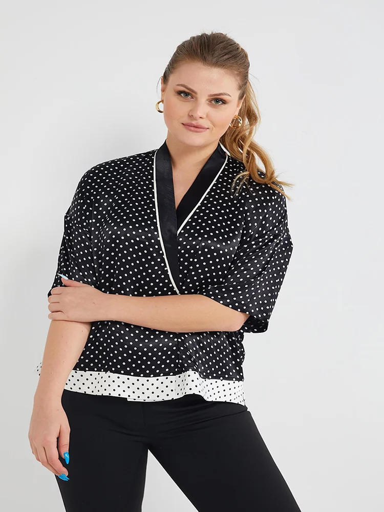 

Polka Dot Patterned Half Sleeve Double Breasted Satin Fabric Black Color Plus Size Blouses For Women 4xl 5xl 6xl